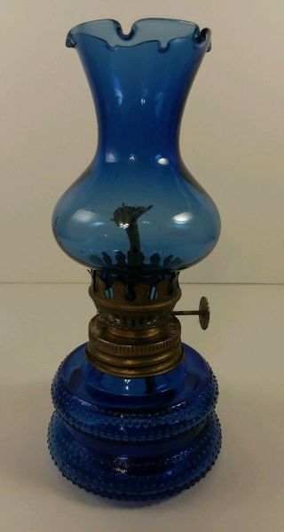 Vintage Cobalt Blue Hobnail Mini Glass Oil Lamp Made In Hong Kong 6 3/4