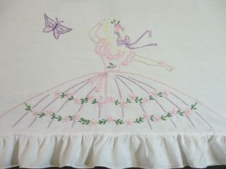 Pair Vintage Pillowcases W Hand Embroidered Southern Belle W/ Ruffle Trim