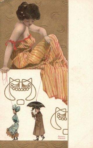 Vintage - Raphael Kirchner Art Postcard " Woman With Marionettist "