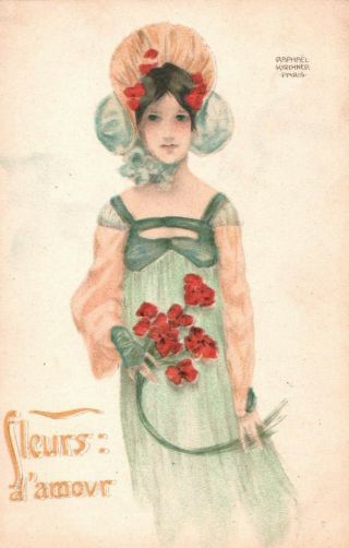 Vintage - Raphael Kirchner Art Postcard " Spring Flowers "