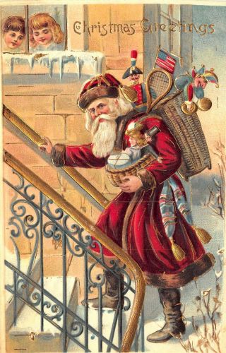 Christmas Greetings Gold Gilded Red Robed Santa Claus Toy Basket Postcard