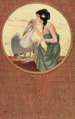 Vintage - Raphael Kirchner Art Postcard.  " Woman At The Sea With Pelican "