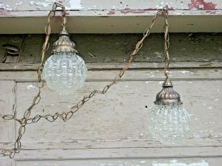Vintage Dual 6 " Clear Textured Glass Ball Swag Lamp Look