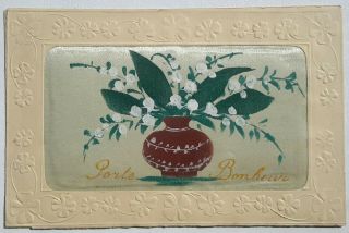 French Hand Painted Silk Card,  Lily Of The Valley,  " Porte Bonheure ",  1919,  Fine