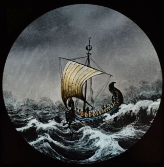 Antique Magic Lantern Slide Viking Ship In A Storm C1890 Drawing