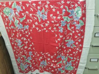 Old Vintage Cotton Tablecloth 39 " X40 " Red White With Blue & Green Flowers