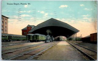 Peoria,  Illinois Postcard " Union Depot " Train Shed Railroad Station 1912 Cancel