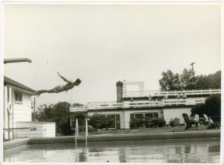 Vintage B/w Photo - Man Diving Into A Swimming Pool - Looks Like A Belly Flop