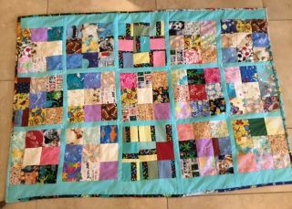 Patchwork Crib Quilt,  Hand Made,  Nine Patch,  Tied,  Various Prints,  Aqua,  Multi