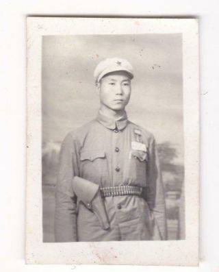 Chinese Pla Man Pistol In Holster Ammo Belt Studio Photo Painted Backdrop China