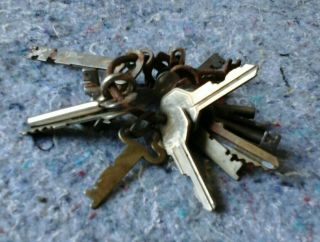20 Vintage Skeleton Keys And Miscellaneous Old Trunk Keyring Rusty 4