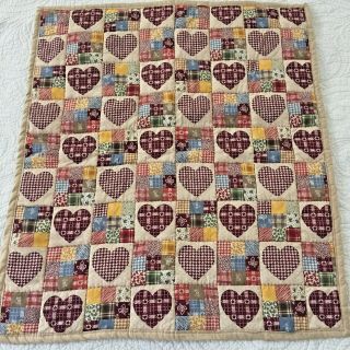 Miniature Vintage Handmade Hearts And Nine Patch Cheater Quilt Hand Quilted