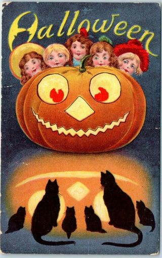 Vintage Halloween Postcard Children Behind Large Jack O 