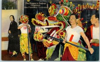 San Francisco Ca Postcard " Dragon At Festival,  Chinatown " Chinese Year Linen