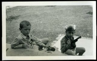 Vintage Photo Little Boy In Coon Skin Cap Playing W/ Toy Gun Children Americana