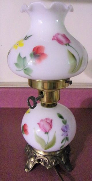 Vintage G115 Brass Milk Glass 2 - Way Hand Painted Floral Table Lamp Rose Flowers