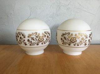 (2) Vintage Frosted White Glass Light Globes Gold Flowers Mid Century Lampshades