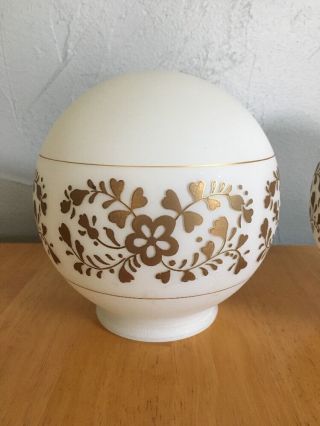 (2) Vintage Frosted White Glass Light Globes Gold Flowers Mid Century Lampshades 3