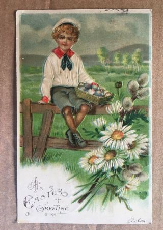 Vintage Easter Postcard - Boy With Basket Of Eggs 1907