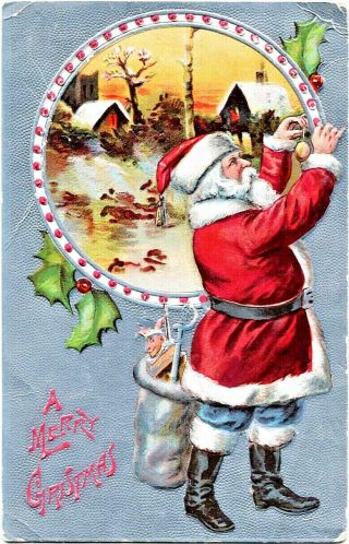 Christmas Busy Santa Claus In Blue Pants Rustic Scene Embossed Silver Postcard