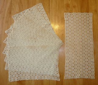 Vintage Set Of 8 Thread Crochet Place Mats & Small Table Runner Cream Off White