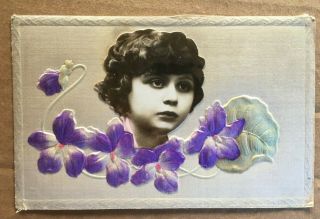 Vintage All Silk Postcard With Real Photograph Of Girl 