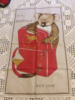 Vintage Tea Towel Linen Australian Koala Bears Fast Colours Qantas Travel