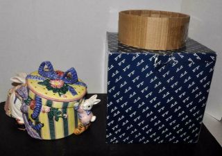 1995 Fitz & Floyd Cotton Tailers Hat Box Cookie Jar W Rabbit Bunnies