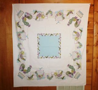 Vintage Printed Tablecloth - Purple & Blue Roosters 48 X 50 1950 