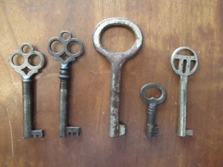 5 Antique Hollow Barrel Keys,  All Different,  Metal Steel,  1 - 1/2 " To 3 " Long