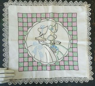 Vtg Southern Belle Embroidered Linen Pillow Cover Lace Trim Case Design