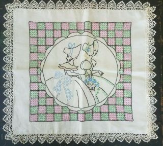 VTG Southern Belle Embroidered Linen Pillow Cover Lace Trim Case Design 3