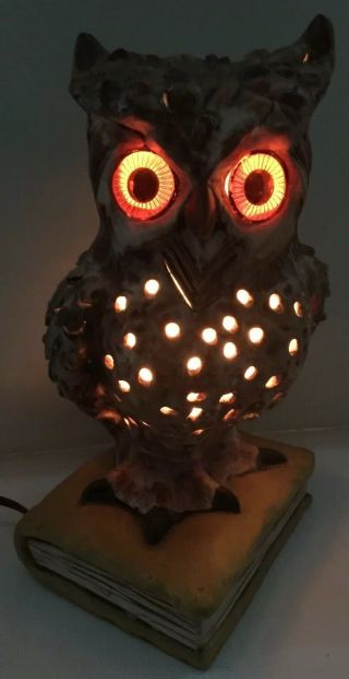 Vintage Pierced Ceramic Owl 9.  5 " Lamp Night Light Books Big Eyes Glow When Lit