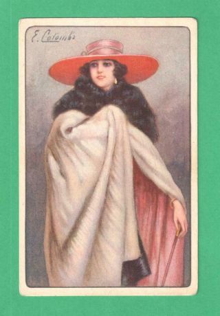 Vintage Colombo Art Deco Postcard Fashionable Lady Hat Cane Fur Coat