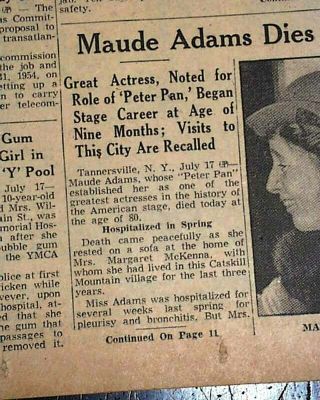 MAUDE ADAMS Broadway J.  M.  Barrie ' s PETER PAN Actress DEATH 1953 Old Newspaper 2