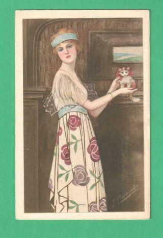 Vintage E.  Colombo Art Postcard Lady Red Hair Floral Dress Holds Cat