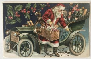 Santa Claus In Car With Toy Basket Monkey Doll Antique Christmas Postcard - C764