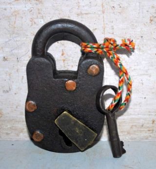 Old Indian Antique Iron Brass Hand Crafted Padlock With Key
