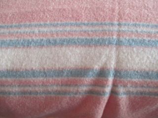 Vtg Pink Wool Blanket W/ Blue & White Accents,  84 X 70