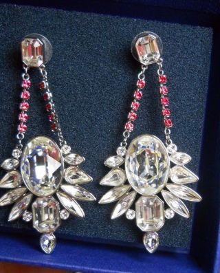 Swarovski® Signed Swan Crystal Clear Red Dangle Earrings Bridal Chandelier 2.  75 "
