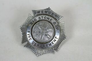 Vintage Fire Department Fighter Silver Tone Badge Member Big Stone Gap Virginia
