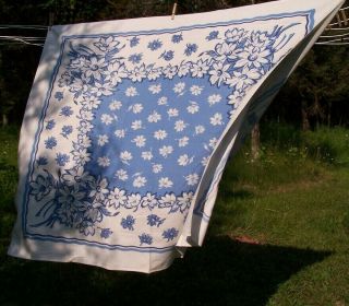 Vintage Blue & White Floral Printed Tablecloth/cotton 42x52/daisies Wildflowers