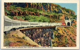 Fred Harvey Linen Postcard " Santa Fe Streamliner Crossing Johnson 