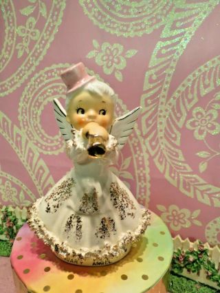 Vtg Artmark January Year ' s Angel W PINK Party Hat Golden Horn Ruffled Dress 3