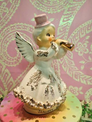 Vtg Artmark January Year ' s Angel W PINK Party Hat Golden Horn Ruffled Dress 4