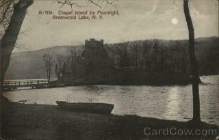 Greenwood Lake,  Ny Chapel Island By Moonlight Orange County York Postcard
