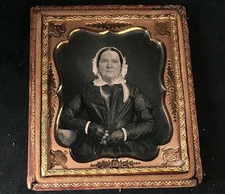 1/6 Plate Daguerreotype Image Of A Woman W/ Bonnet And Intense Stare,  No Wipes