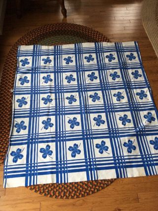 Vintage Tablecloth Startex Blue 4 - Leaf Clover Plaid 54 By 47
