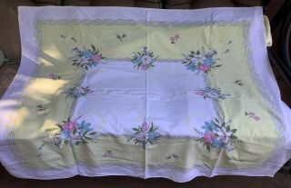Vintage Cotton Tablecloth Floral Pink & Blue Flowers Yellow Border 1950’s - 1960