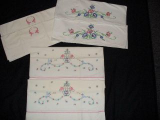 Vintage Pillowcases 3 Pairs - Hand Embroidered/crocheted Bird Cage - Florals